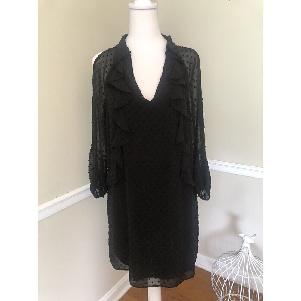 Zara Basic Womens Size M Black Dotted Swiss Dress 3/4 Sleeve Ruffles